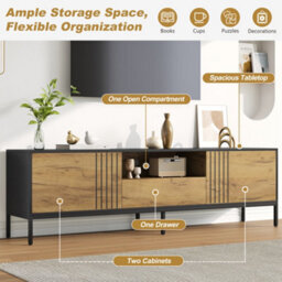 "Abrihome 170X35X50Cm Tv Cabinet,tv Board, Natural Wood & Black Tv Stand With 2 Cabinets & 1 Drawer, For Up To 70"" Tv" - thumbnail 2