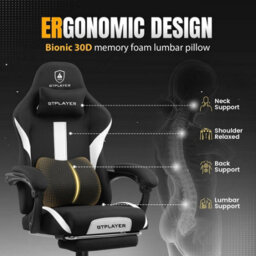 Gtplayer Fabric Gaming Chair, Ergonomic Computer Chair With Footrest Lumbar Support Heavy Duty Svivel Office Desk Chairs, White - thumbnail 2