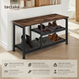 Tectake Shoe Rack Taunton - Surface Shelf And 2 Grid Shelves, Industrial Style -  - Industrial Wood Dark, Rustic - thumbnail 2
