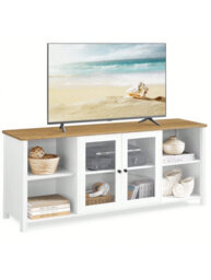 Songmics Vasagle Tv Stand For Tvs Up To 65 Inches, Tv Cabinet With Open Shelves, Closed Cabinet, Glass Doors - thumbnail 2