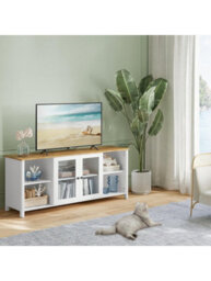 Songmics Vasagle Tv Stand For Tvs Up To 65 Inches, Tv Cabinet With Open Shelves, Closed Cabinet, Glass Doors - thumbnail 3