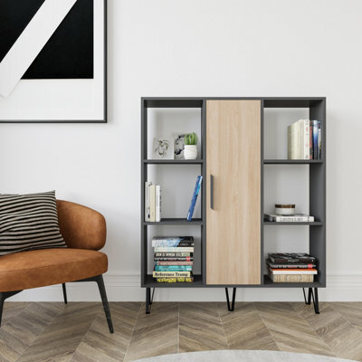 Decorotika Peoria 6 Shelves And A  Cabinet Bookcase Anthracite & Oak - image 1