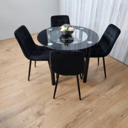 Kosy Koala Round Glass Black Kitchen Dining Table With Storage Shelf And 4 Black Tufted Velvet Chairs Kitchen Dining Set