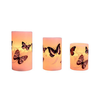 Set Of 3 Led Wax Candles Butterfly Design, Real Wax Finish, Battery Operated (3 X Aaa Required)