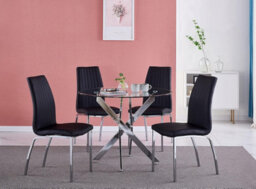 Furnizone UK Nexus 4-Seater 90Cm Round Clear Glass Dining Table And 4 Modalux Black Chairs Faux Leather Chairs