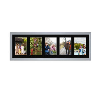 AK Frames 26X8 Silver Classic Multi Photo Frame With Black Mount - Holds 5 Apertures (5X) 6X4 Photos - image 1