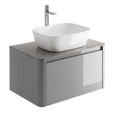 Plum&clay Mayfair Gloss Light Grey Wall Hung Bathroom Vanity Unit With Grey Marble Countertop (W)750mm (H)406mm - image 1