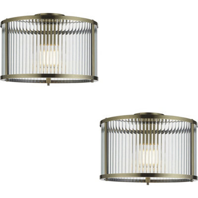 Loops 2 Pack Semi Flush Low Ceiling Light - Antique Brass & Clear Ribbed Glass - 10W Max Led E27 - image 1