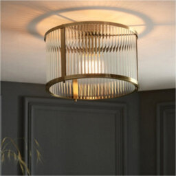 Loops 2 Pack Semi Flush Low Ceiling Light - Antique Brass & Clear Ribbed Glass - 10W Max Led E27 - thumbnail 4