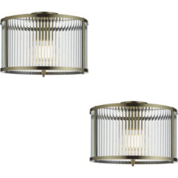 Loops 2 Pack Semi Flush Low Ceiling Light - Antique Brass & Clear Ribbed Glass - 10W Max Led E27 - thumbnail 1