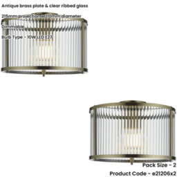 Loops 2 Pack Semi Flush Low Ceiling Light - Antique Brass & Clear Ribbed Glass - 10W Max Led E27 - thumbnail 2