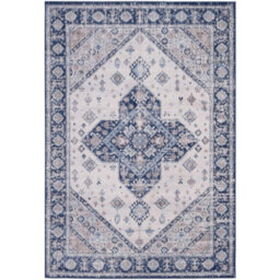 The Rugs Montana Navy Cream Oriental Area Rug And Runner Soft Durable Pet Friendly Easy To Clean Living Room Bedroom 4010 - thumbnail 1