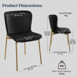 Evre Black Velvet Dining Chairs Set Of 2 With Bronze Colour Metal Frame For Kitchen, Living Room & Bedroom - thumbnail 2