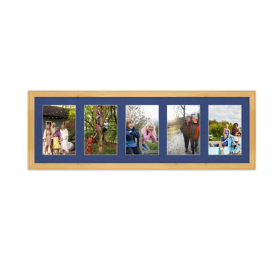 AK Frames 26X8 Light Oak Classic Multi Photo Frame With Blue Mount - Holds 5 Apertures (5X) 6X4 Photos - image 1