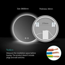Emke Round Bathroom Mirror With Led Lights, 600mm Wall Mounted Vanity Mirror With Touch, Demister And Memory Dimmable - thumbnail 5