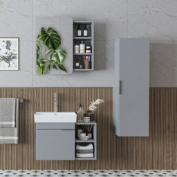 Roomart Likya Wall Mounted Bathroom Set With 72Cm Vanity Unit And Basin, Mirror Cabinet And Tall Storage Cupboard, Ash Grey - thumbnail 2