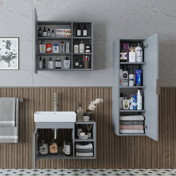 Roomart Likya Wall Mounted Bathroom Set With 72Cm Vanity Unit And Basin, Mirror Cabinet And Tall Storage Cupboard, Ash Grey - thumbnail 3