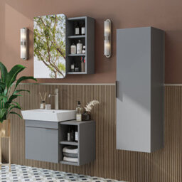 Roomart Likya Wall Mounted Bathroom Set With 72Cm Vanity Unit And Basin, Mirror Cabinet And Tall Storage Cupboard, Ash Grey - thumbnail 1