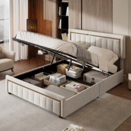 4Ft6 Double Bed, Upholstered Ottoman Bed Frame With Adjustable Headboard, Cream Velvet 135X190Cm - thumbnail 4