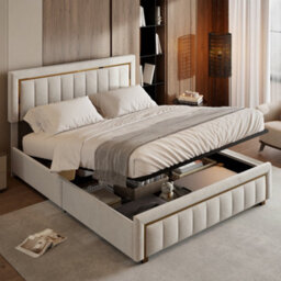 4Ft6 Double Bed, Upholstered Ottoman Bed Frame With Adjustable Headboard, Cream Velvet 135X190Cm - thumbnail 3