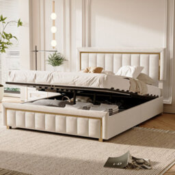 4Ft6 Double Bed, Upholstered Ottoman Bed Frame With Adjustable Headboard, Cream Velvet 135X190Cm - thumbnail 5
