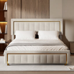 4Ft6 Double Bed, Upholstered Ottoman Bed Frame With Adjustable Headboard, Cream Velvet 135X190Cm - thumbnail 1