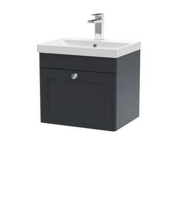 Nuie Classique Wall Hung 1 Drawer Unit & Thin-Edge Ceramic Basin, Stylish Sink Vanity Unit In Soft Black - image 1