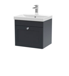 Nuie Classique Wall Hung 1 Drawer Unit & Thin-Edge Ceramic Basin, Stylish Sink Vanity Unit In Soft Black - thumbnail 1