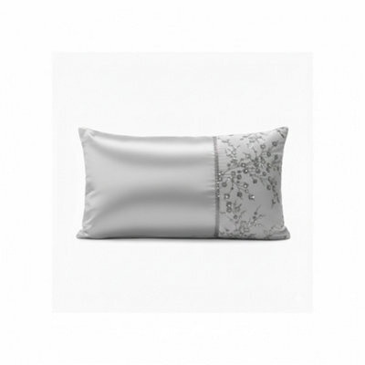 Luxury Embellished Oblong Cushion With Satin Finish Decorative Accent Pillow For Sofa And Bed Silver 45X30Cm
