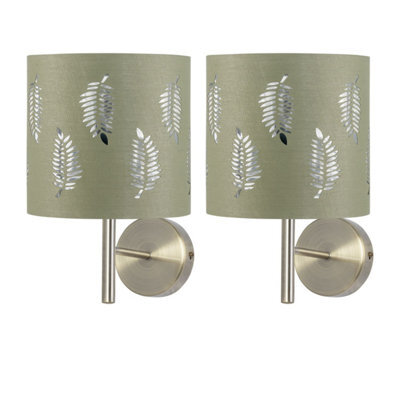 First Choice Lighting Set Of 2 Brea - Antique Brass Wall Lights With Sage Green Fern Shades - image 1