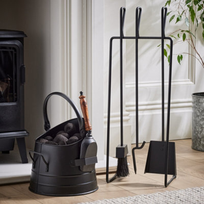 Dibor Contemporary Black Freestanding 3 Tools Fireside Companion Set With Log And Kindling  Bucket - image 1