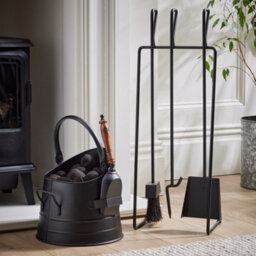 Dibor Contemporary Black Freestanding 3 Tools Fireside Companion Set With Log And Kindling  Bucket - thumbnail 1