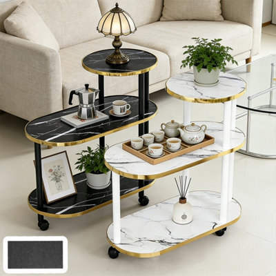 White Marble Effect 3-Tier Mobile Coffee & Side Table With Gold Accents - image 1