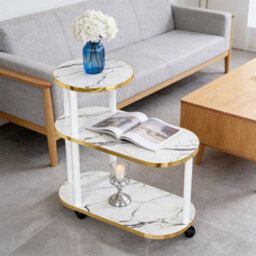 White Marble Effect 3-Tier Mobile Coffee & Side Table With Gold Accents - thumbnail 4