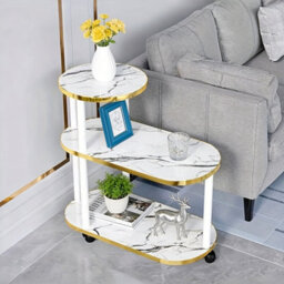 White Marble Effect 3-Tier Mobile Coffee & Side Table With Gold Accents - thumbnail 3