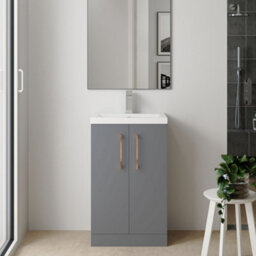 Balterley Bramshall Compact Bathroom Cloakroom Vanity Basin Unit With Polymarble Basin, Copper Handles, 500mm, Satin Grey - thumbnail 2