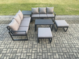 Fimous Aluminium Patio Outdoor Garden Furniture Lounge Sofa Set With Oblong Coffee Table 2 Big Footstools Side Table Dark Grey - thumbnail 1