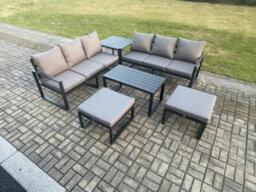 Fimous Aluminium Patio Outdoor Garden Furniture Lounge Sofa Set With Oblong Coffee Table 2 Big Footstools Side Table Dark Grey - thumbnail 2