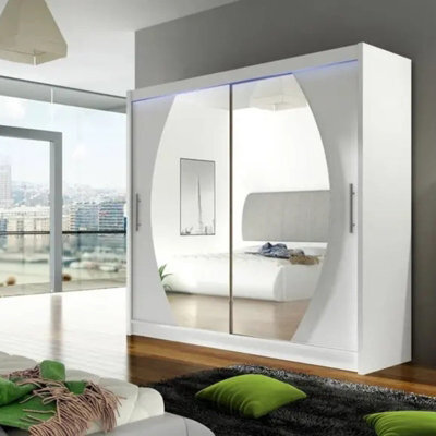 Bega Iv 180 Wardrobe 180 Cm Sliding Doors With Mirror Hanging Rail  Shelves Modern Bedroom Storage White Led - image 1