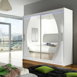 Bega Iv 180 Wardrobe 180 Cm Sliding Doors With Mirror Hanging Rail  Shelves Modern Bedroom Storage White Led - thumbnail 1
