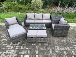 Fimous Outdoor Rattan Garden Furniture Set With 3 Seater Sofa Coffee Table Side Table 2 Armchairs 3 Footstools - thumbnail 2