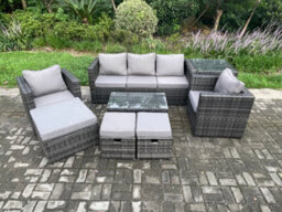 Fimous Outdoor Rattan Garden Furniture Set With 3 Seater Sofa Coffee Table Side Table 2 Armchairs 3 Footstools - thumbnail 1