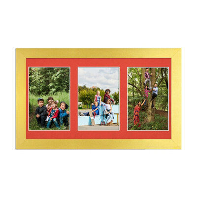AK Frames 40X20Cm Gold Modern Multi Photo Frame With Poppy Red Mount - Holds 3 Apertures (3X) 6X4 Photos - image 1