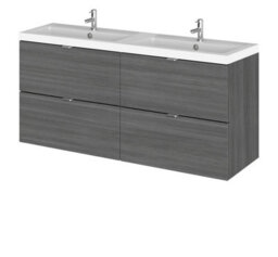 Hudson Reed Fusion Wall Hung 4 Drawer Vanity Unit & Twin Polymarble Basin, Sink Vanity Unit, Anthracite Woodgrain, 1200mm - thumbnail 1