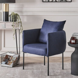 Wyld And Coco Dark Blue Faux Linen Armchair With Black Iron Legs, Compact Retro Design, W62 X D62 X H68Cm - thumbnail 2
