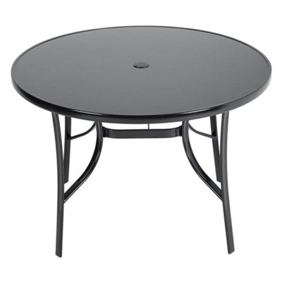 Breeins 105Cm Dia Round Wrought Iron Style Garden Table With Tempered Glass Top And Parasol Hole, Black - image 1