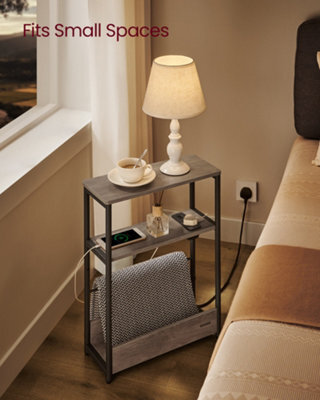 LEDREM Slim Side Table With Charging Station, 3-Tier Narrow Bedside Table, End Table For Small Spaces, Magazine Rack - image 1