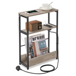 LEDREM Slim Side Table With Charging Station, 3-Tier Narrow Bedside Table, End Table For Small Spaces, Magazine Rack - thumbnail 3