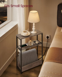 LEDREM Slim Side Table With Charging Station, 3-Tier Narrow Bedside Table, End Table For Small Spaces, Magazine Rack - thumbnail 1