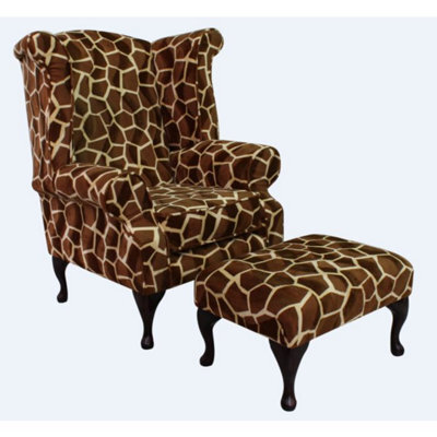 Chesterfield High Back Wing Chair + Footstool Animal Print Big Giraffe Fabric In Queen Anne Style - image 1